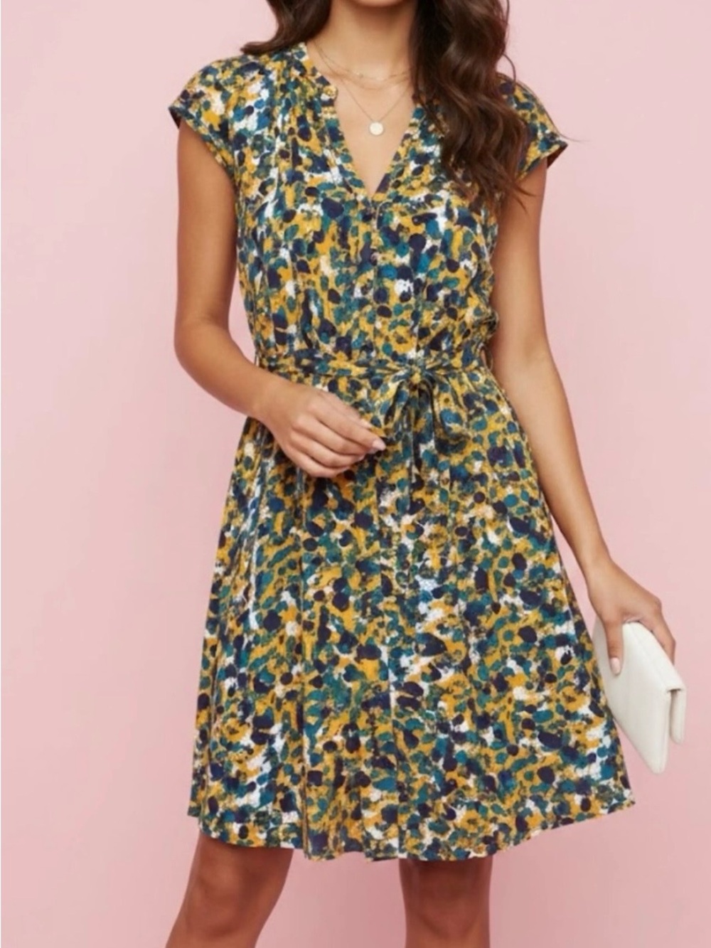H&M Teal & Yellow Abstract Print Cap Sleeve Dress